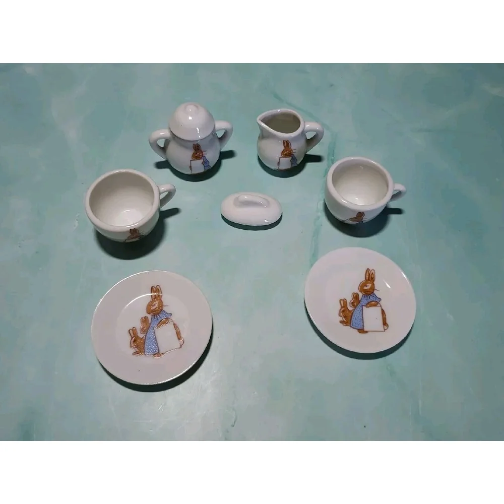 Porcelain Tea Set Miniature 1974 Rabbit Family Easter Taiwan Vintage 8 Piece